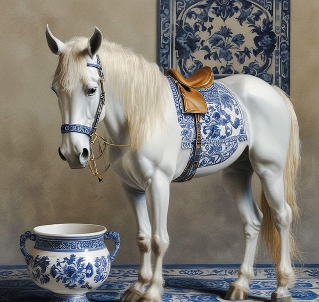 a white horse dutch blue painted. by J.a Dijkstra