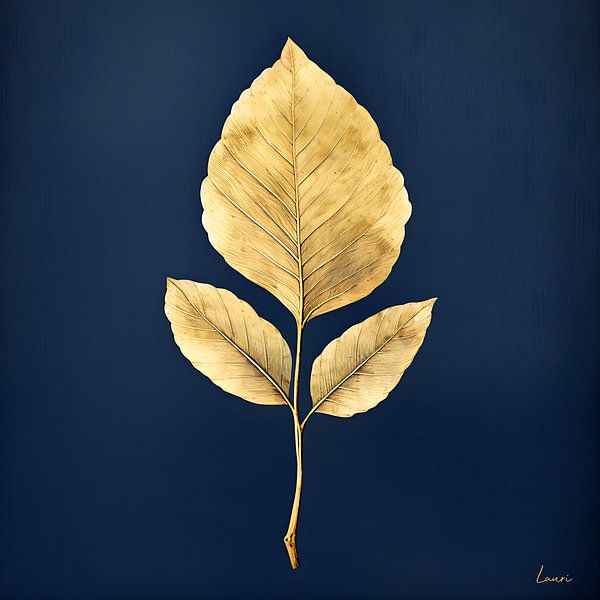 Golden leaf on dark blue background by Lauri Creates