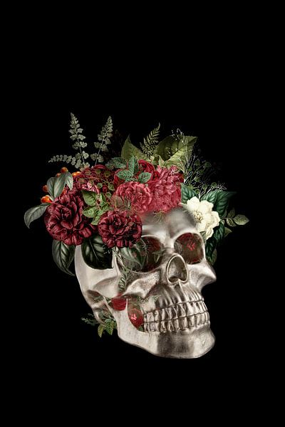 Skull with flowers over black background by Dreamy Faces