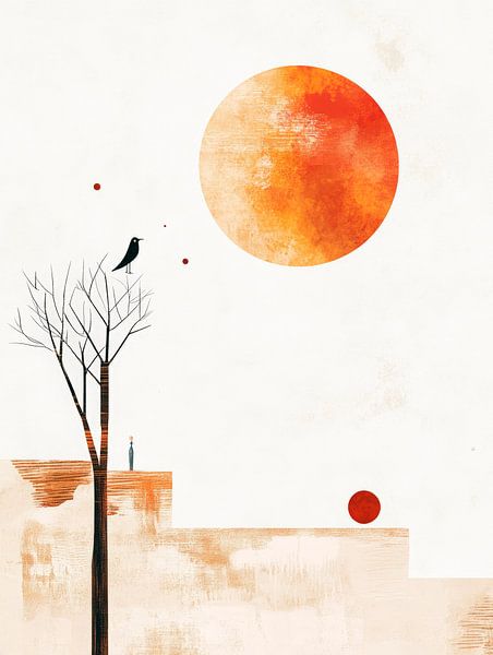 Abstract landschap met maan en vogel van Poster Art Shop