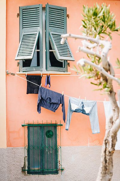 Farbige Häuser mit Wäscherei an der italienischen Amalfiküste, Cinque Terre, Portovenere, Italien von Evelien Lodewijks