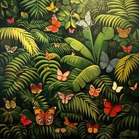 Papillons colorés dans la jungle - Peinture dans le style d'Henri Rousseau
