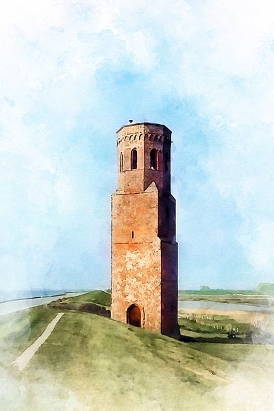 Aquarell der Plompe Toren auf Schouwen-Duiveland, Zeeland von Danny de Klerk