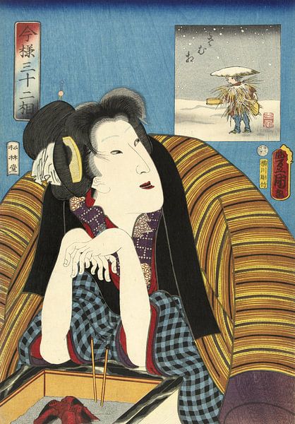 Frau, wärmende Hände mit einem Hibachi, Kunisada (I), Utagawa von 1000 Schilderijen