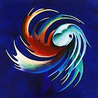 Dynamische sculptuur in blauw, rood en groen