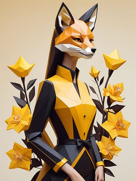 Fille renard floral low poly, noir et jaune par 1xMerch