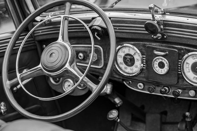 Nostalgic cockpit of an old classic car, black and white photography by Animaflora PicsStock