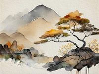 Japandi Art schilderij: Japans ZEN Berglandschap