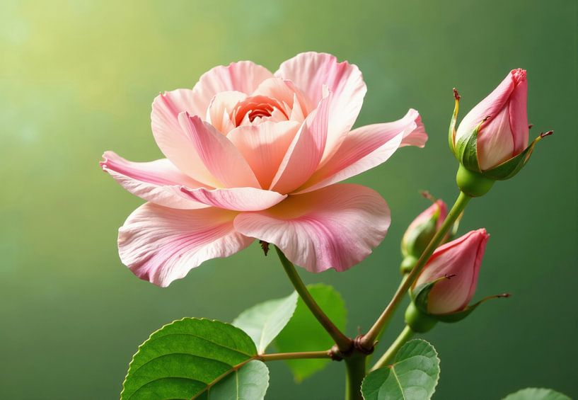 Fleur de rose rose avec deux bourgeons et feuillage vert par Markus Gann