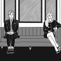 Monochrome illustration of two people sitting apart on a sofa.