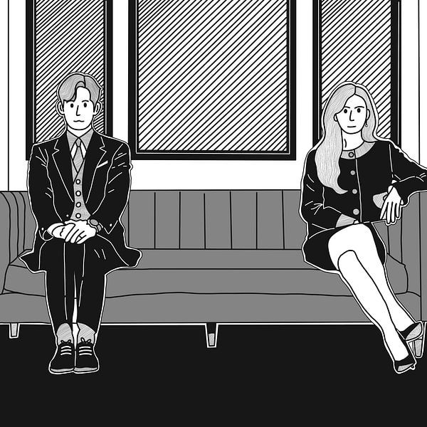 Monochrome illustration of two people sitting apart on a sofa. by riz_studio