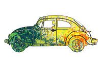 Volkswagen Käfer Ausschnitt mit grün gelbem Lackspritzmuster