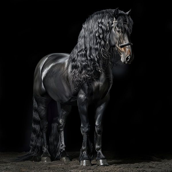 Stattliches Porträt eines schwarzen Friesenpferdes von Vlindertuin-Art