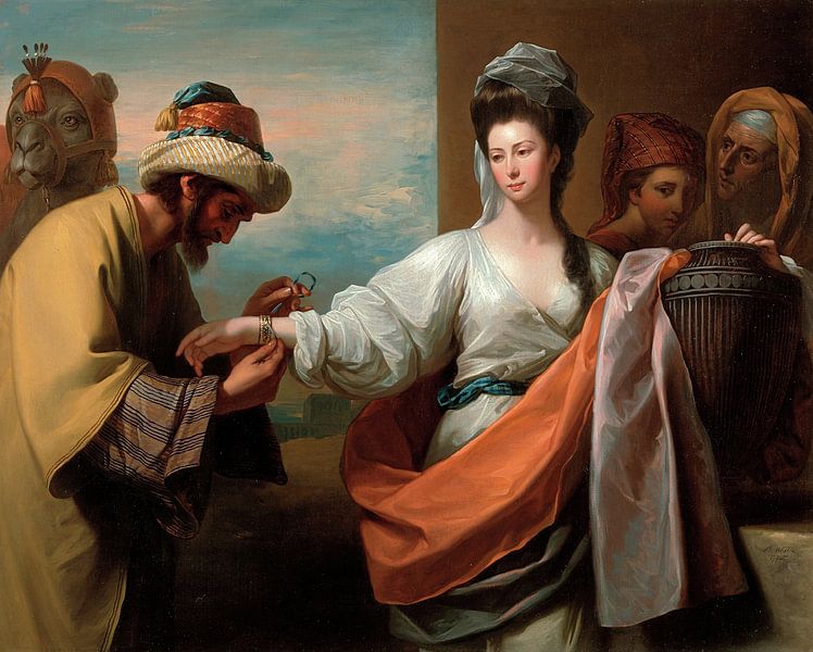 Benjamin West, Isaacs Diener, bindet den Armreif an Rebeccas Arm von finemasterpiece