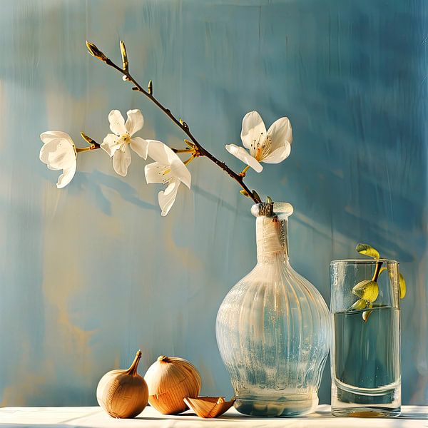 Painting still life with blossom branch, glassware and onions by Vlindertuin-Art