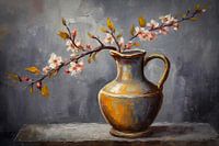 Impressionist oil painting of a still life with blossom branch