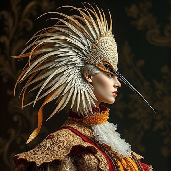 A woman looking sideways with feather hairstyle and baroque costume. by J.a Dijkstra