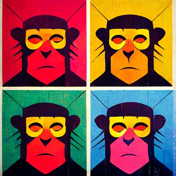 Collage coloré de quatre singes sous forme de figure comique - pop art par Roger VDB
