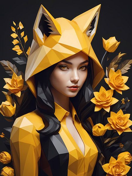 Fille renard floral low poly, noir et jaune par 1xMerch