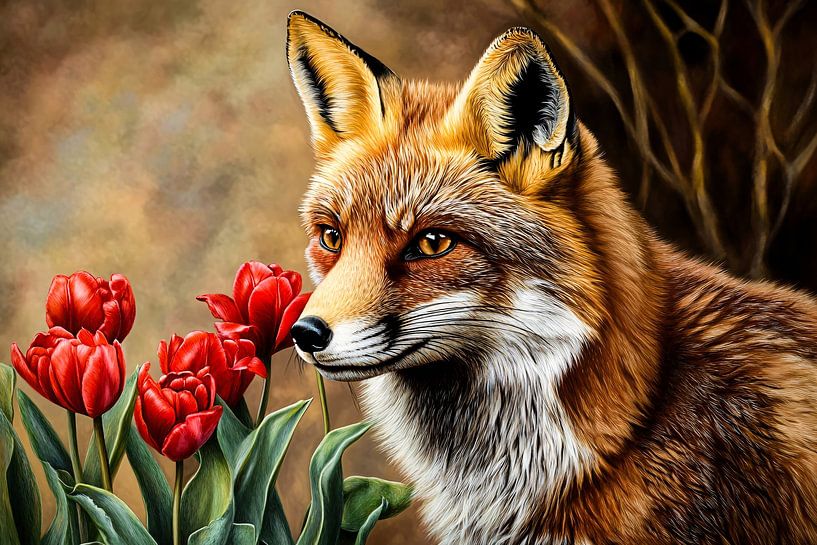 Fuchs und rote Tulpen Gemälde von Imperial Art House