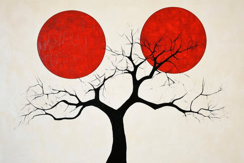 Baum und rote Kreise – Minimalistisch von Poster Art Shop