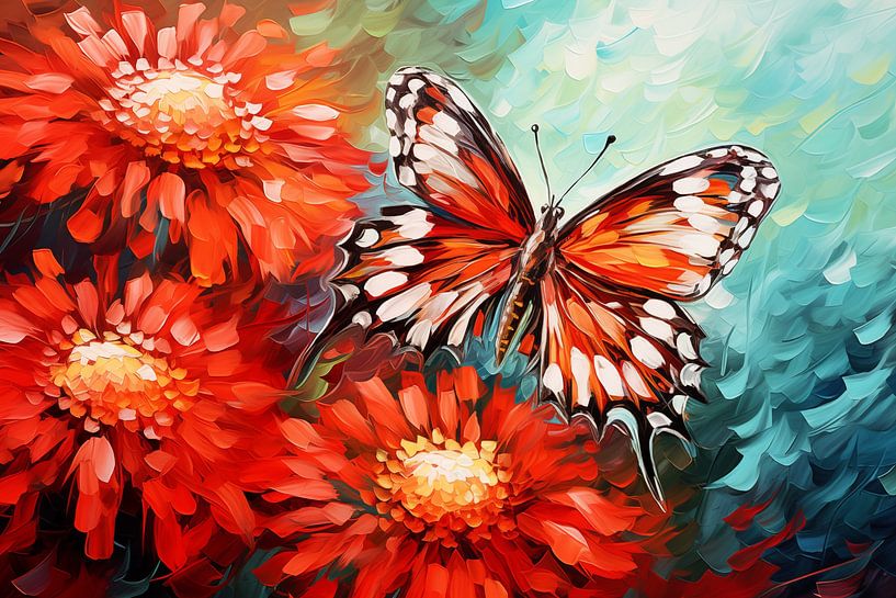 Abstract artistic background with bright red peacock butterfly on chrysanthemum flowers, in oil paint design by Animaflora PicsStock