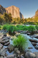 El Capitan weerspiegeld in de Merced River, Yosemite National Park, Californië, VS.