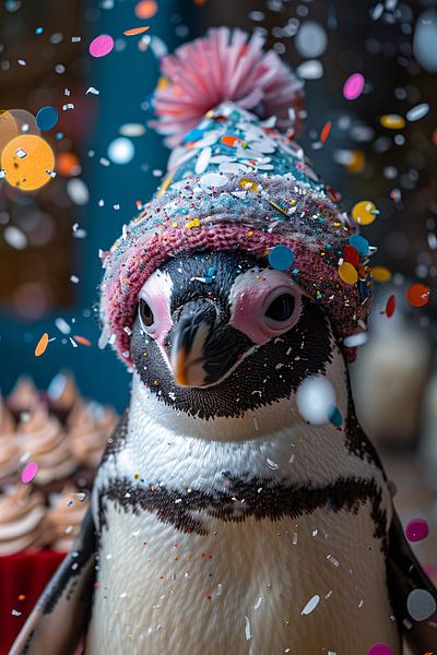 Funny penguin celebrates with confetti and party hat by Poster Art Shop