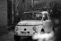 altes Auto (Renovierer) im Garten Fiat Schwarz-Weiß-Foto