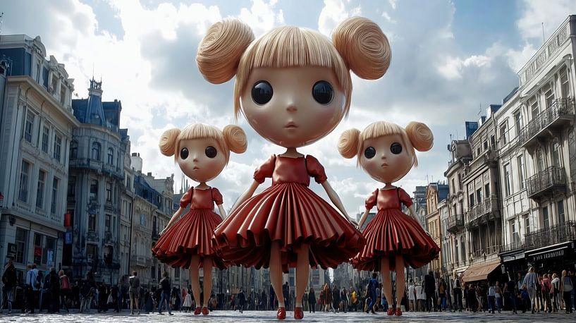 Trois poupées géantes dans la ville par Frank Heinz