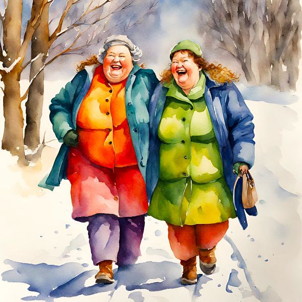 2 sociable ladies walking in the snow by De gezellige Dames