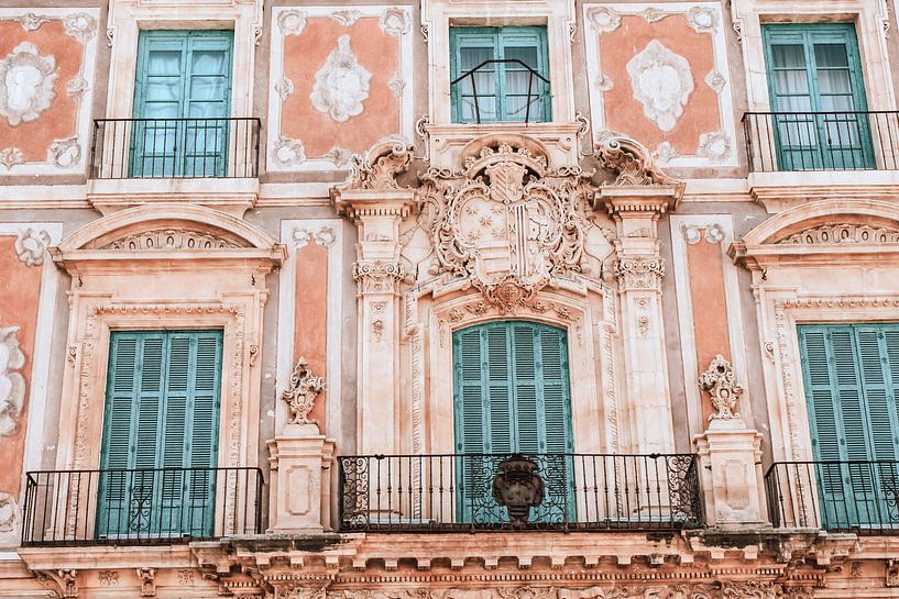 Turquoise shutters on pastel pink building with balcony | Spain travel photography | Fine art photo  by AIM52 Shop