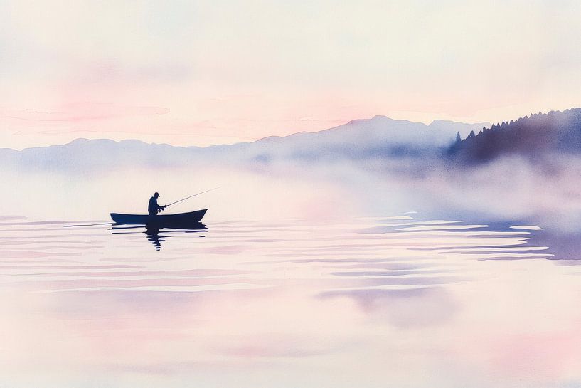Visser in de mist op een rustig meer van Poster Art Shop