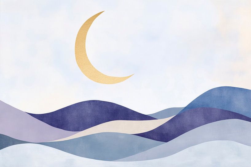 Maan over glooiende heuvels in blauwe tinten van Poster Art Shop