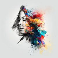 Colorful & Abstract painting: Dreaming woman with creative brain