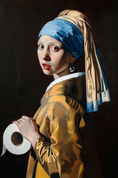 Moderne Vermeer: Das Mädchen mit dem Perlentuch mit Toilettenpapier-Rolle | Amüsante Badezimmer-Eleganz von Poster Art Shop
