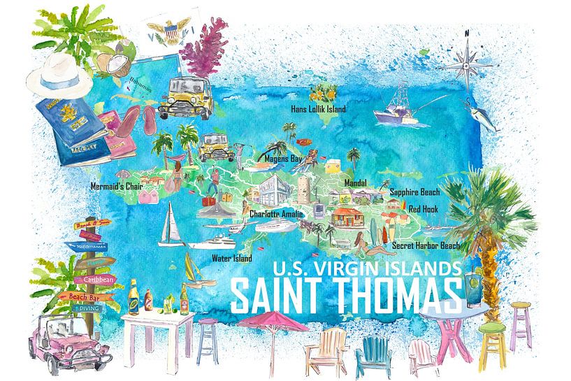 Saint Thomas USVI Illustrierte Reisekarte mit Straßen und touristischen Highlights von Markus Bleichner