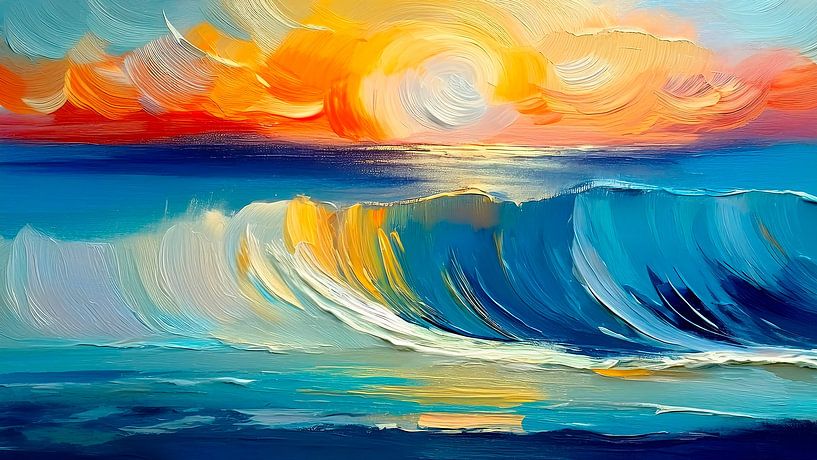 Sonne über dem Meer mit hohen Wellen. Abstrakte bunte Malerei von Studio Pieternel