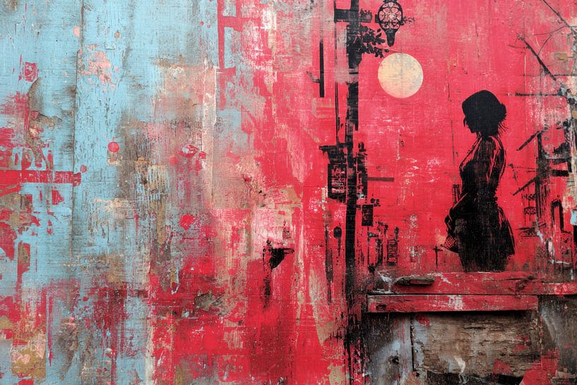 Frau an Laterne - Rot Blau Mysteriös Modern Abstraktes Gemälde von BowiScapes Abstrakt und digitale Kunst