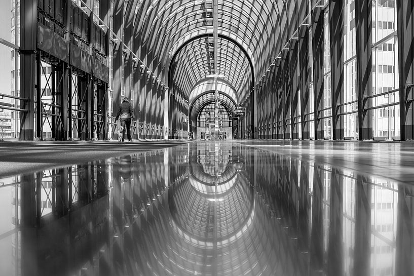 Black and white photo of the Nelson Mandela Bridge in Zoetermeer is a bicycle and pedestrian bridge  by Jolanda Aalbers