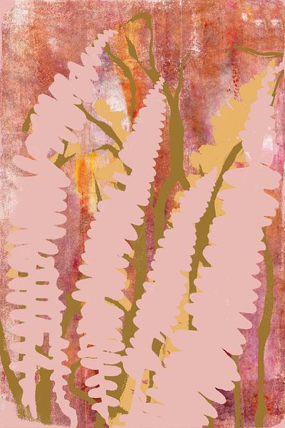 Bohème botanique abstraite. Un mélange moderne et chic de fougères, de feuilles et d&#039;herbe en r par Dina Dankers