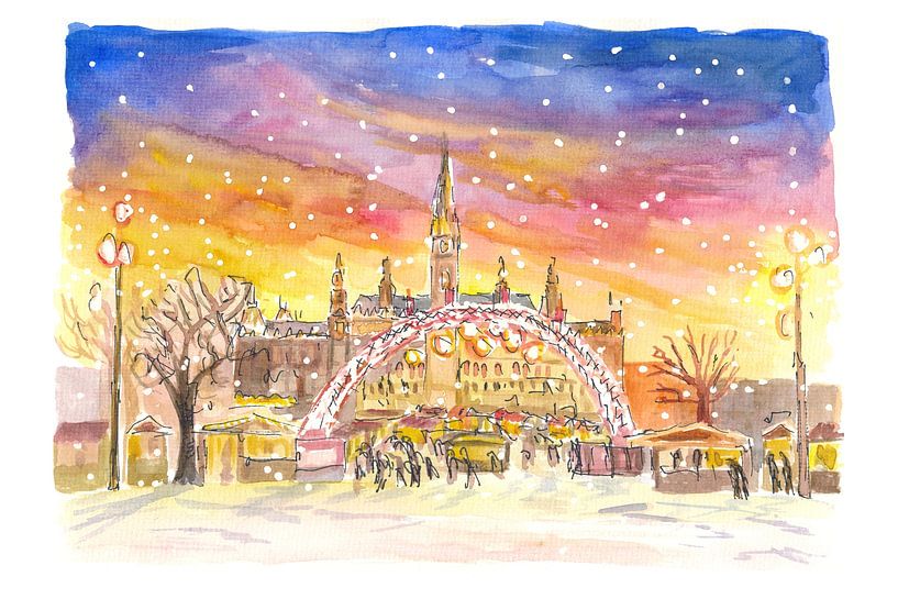 Snow-covered Vienna City Hall Square and Christmas market at night by Markus Bleichner