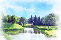 Aquarelle de la forteresse et de la forteresse intérieure de la ville de Hulst en Flandre zélandaise.