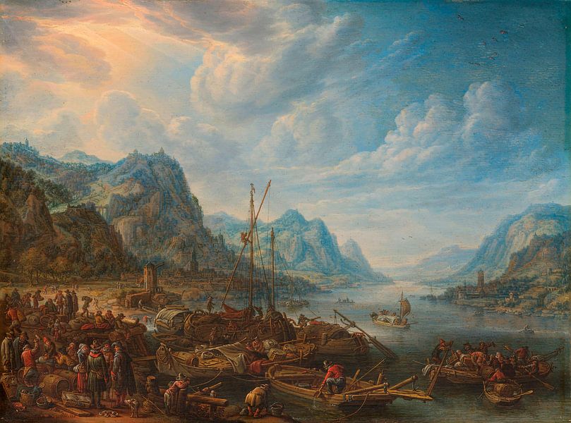 Blick auf einen Fluss mit Bootsanlegestellen, Herman Saftleven von Meisterhafte Meister