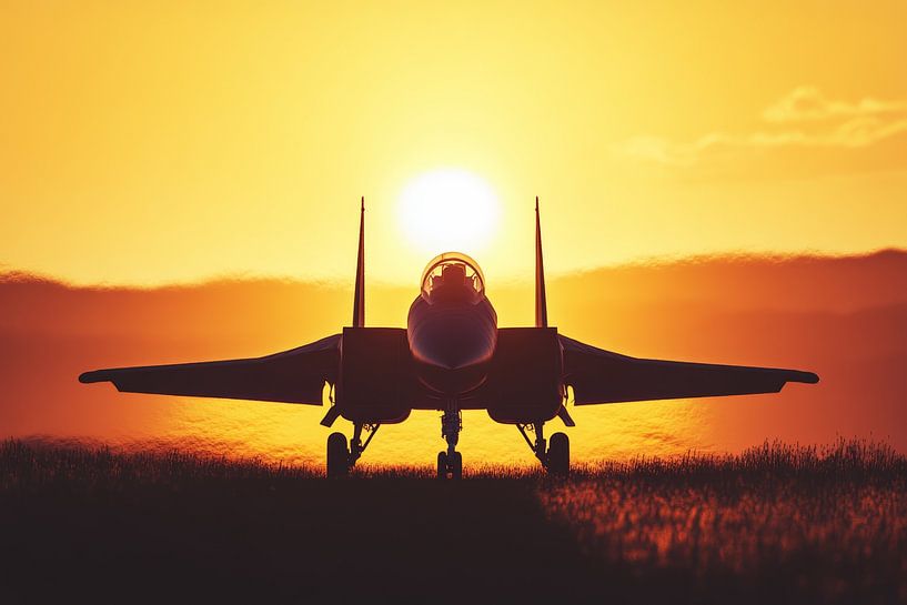 A fighter jet stands ready on the runway, shrouded in the warm light of the golden hour by Digitale Schilderijen