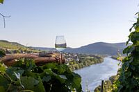 Verre à vin rempli à côté de poutres en bois et paysage de la Moselle en arrière-plan.