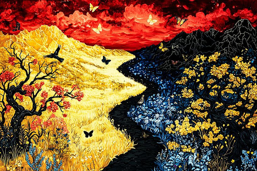 Bunte Landschaft mit Schmetterlingen von Art & Soul Creations