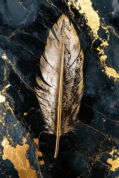 Golden feather on marble background by Imperial Art House