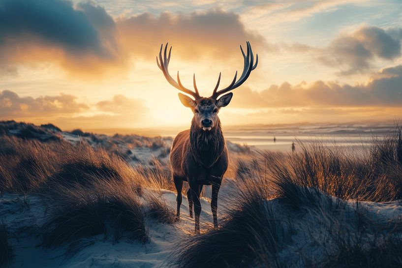 Cerf dans les dunes hollandaises, capturé au lever du soleil par Digitale Schilderijen