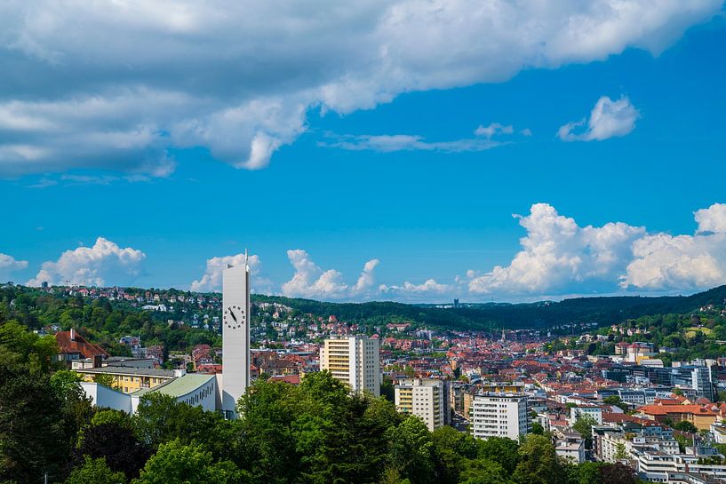 Germany, Aerial panorama view above stuttgart city houses and church, the skyline of the big city by adventure-photos